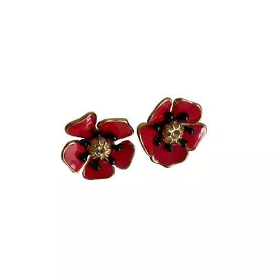 Vintage Metropolitan Museum Of Art Poppy Flower Red Enamel Gold Stud Earrings • $148