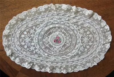Antique French MIXED LACE Oval Doily Petit Point ROSES 13 X8.5 Tray Vanity Scarf • $48