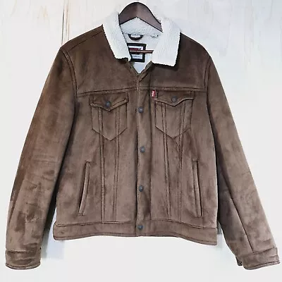 Levis Jacket Mens Medium Brown Faux Suede Sherpa Lined Trucker Jacket Full Zip • $54.99