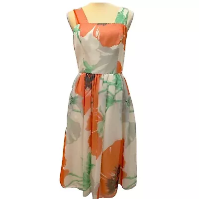 Vintage Mignon Dress Womens M Floral Sheer Overlay 2 Layers Lining Orange Green • $47.46