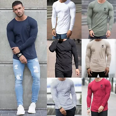 Mens Slim Muscle Fit Long Sleeve T Shirt Gym Designer Plain Curved Hem Tee Top • £14.99