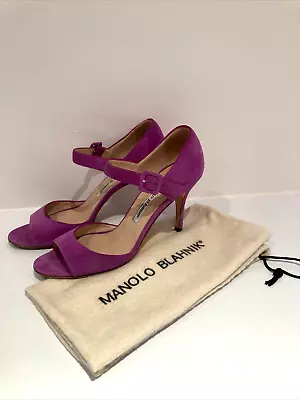 MANOLO BLAHNIK Magenta Pink Suede Caldo Peep Toe Mary Jane Shoes Size 38/UK5 • £118