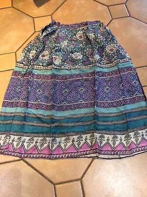 Vintage Hippie Skirt Midi 70s Retro Boho Gipsy Teal Purple Cotton M8 8-10 Floral • £5