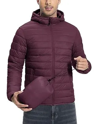  Mens Lightweight Packable Puffer Jacket Hooded Insulated Medium Wine Red • $79.98