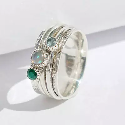 Solid 925 Sterling Silver Ring Multi-Gemstone Statement Spinner Band Women Rings • £19.93