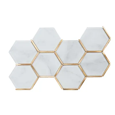 White Calacatta Crystal Glass Gold Inlay Hexagon Mosaic Tile Kitchen Backsplash • $25.75