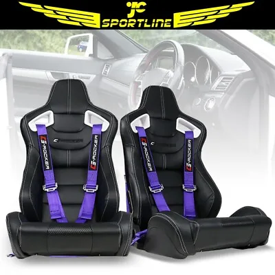 Universal Recline Racing Seat WH Bezel Dual Slider PU&Carbon & Cam-lock Belt X2 • $408.99