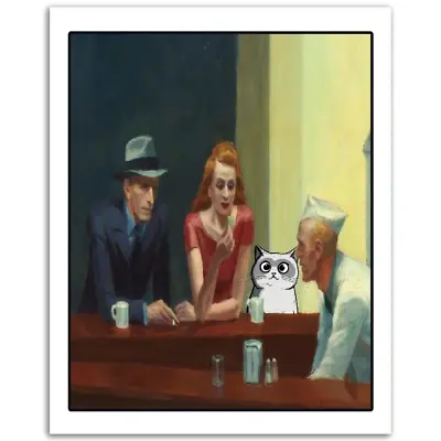 Claude The Cat Art Print Poster Edward Hopper Nighthawks 1942 Painting Wall Deco • £24.10