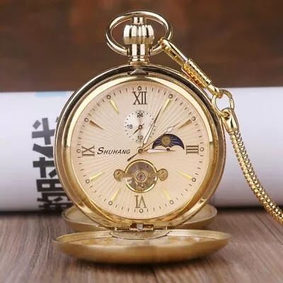 Luxury High Quality Golden Moon Phase Mechanical Pocket Watch Roman Numbers • $92.99