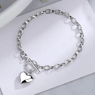 Elegant Womens 925 Sterling Silver Bracelet Charm Chain Heart Bangle W/ Gift Bag • £3.99