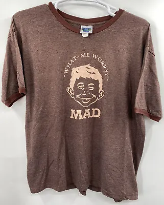 Vintage MAD Magazine Ringer T Shirt What Me Worry Brown XL Made In USA • $58.95