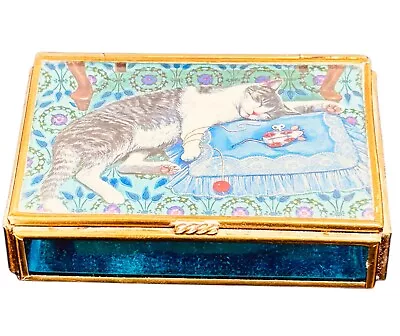 Via Vermont Jewelry Trinket Box Brass Stained Glass Sleeping Cat Toys Pillow • $14