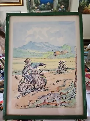 VTG Orig Signed Pen & Ink Watercolor Painting Vietnamese Signed Harry 16  X 12  • $180.49