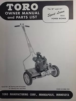 TORO 18 21 Sport Lawn 1953 Walk-Behind Gas Power Reel Mower Owner & Parts Manual • $84.84