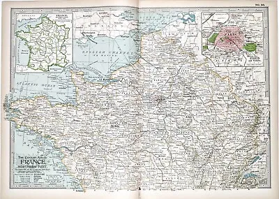 1899 Northern France Map ORIGINAL Provinces STEAMSHIPS Railways Townships Ports • $34.88