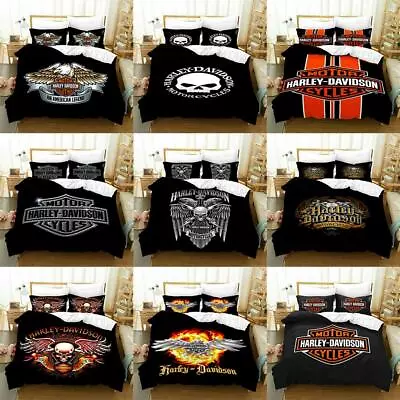 Motorcycle Harley-Davidson Logo Black Quilt Duvet Cover Set King Bed Linen • $67.99