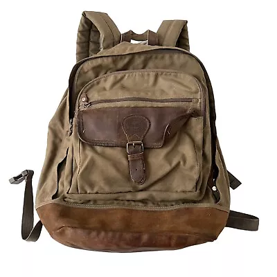 Vintage Eddie Bauer Backpack Leather Bottom Canvas Green Rucksack Bag Hiking • $49.95