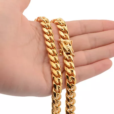 Mens Miami Cuban Link Bracelet Or Chain Necklace 18k Gold Plated Stainless Steel • $21.84