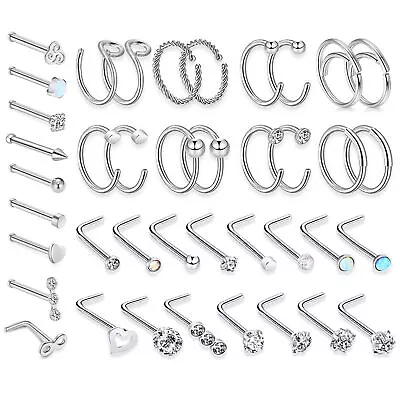 39pcs 20G L Shaped Nose Ring Studs Nose Hoops Surgical Steel Piercing Jewelry • $12.99