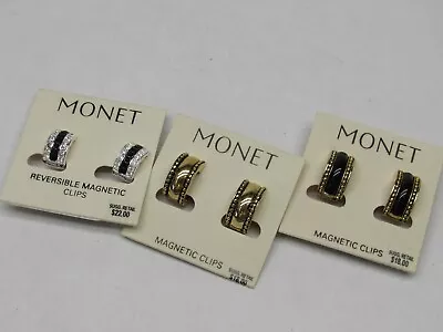 3 Vintage NOS Monet Magnetic Clips Clip On Earrings Lot Black Gold Rhinestone • $39.99