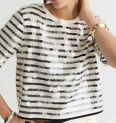 J.Crew Size Large Broken-in Jersey Striped T-shirt With Sequins Ivory NWT $79.50 • $59.99