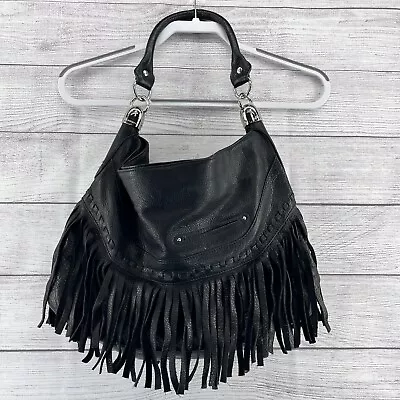 B Makowsky Black Leather Fringed Shoulder Purse Soft Slouchy Y2K Boho Bag • $49.99