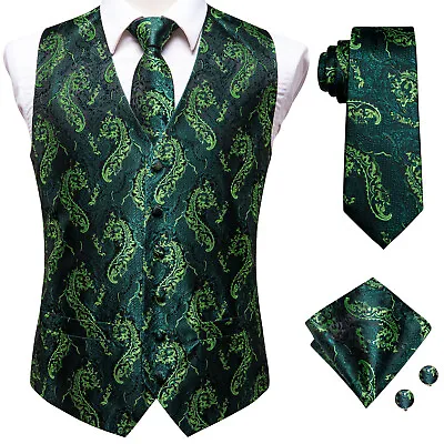 $21.66 • Buy Green Novelty Mens Waistcoat Floral Woven Party Wedding Prom Cufflinks Tie Set