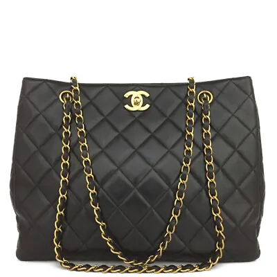 CHANEL Quilted Matelasse Lambskin CC Logo Chain Shoulder Tote Bag Black /4U1251 • £494.67