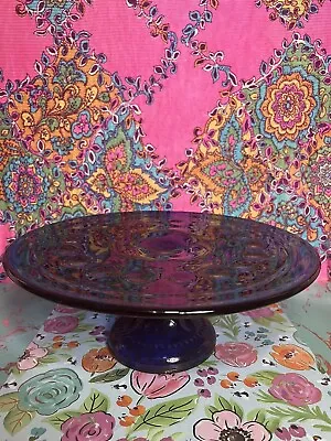$60 • Buy Vintage Tiara Kings Crown Thumbprint Cobalt Blue Footed Cake Plate 