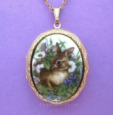 Porcelain Bunny Rabbit & Violets Cameo Locket Pendant Necklace Christmas Gift • $17.49