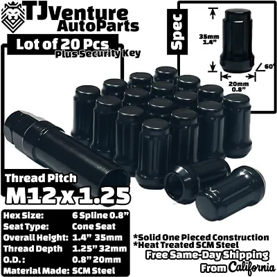 $20.99 • Buy 20x Black 1.4  Tall 12x1.25 Tuner Spline Lug Nut+Key Fit Nissan Infiniti Models