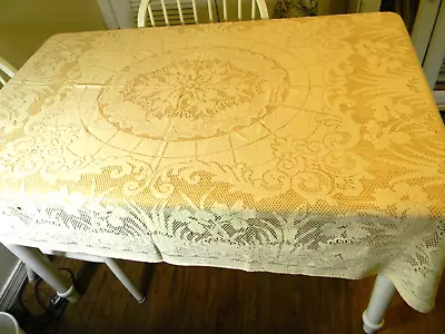 Vintage Ivory Quaker Lace Tablecloth Beautiful Floral Design  48X52  • $21.87