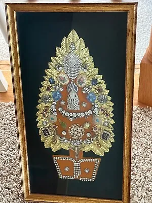 Vintage Handmade Jewelry Art- Framed In Shadow Box - Topiary / Christmas Tree • $49.75