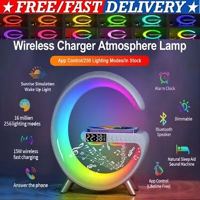 LED Atmosphere Light Wireless Charger Alarm Clock RGB Bluetooth Music Desk Lamp • $55.99