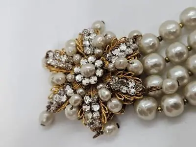 Vintage Signed Miriam Haskell Four Strand Faux Pearl & Rhinestone Bracelet • $349.99