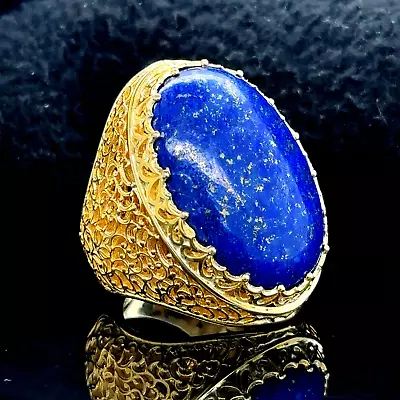 925k Silver Gold Plated Natural Lapis Large Ring Large 14K Gold Blue Lapis Ring • $145