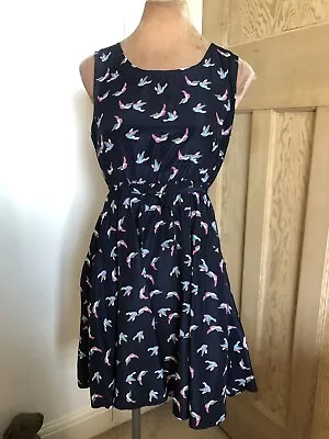 Max C 10 Dress Navy Blue Bird Print Knee Sundress Smart NEW BNNT • £7.99