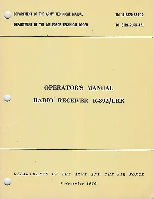 Historical Book Radio Receiver R-392/URR Operator's • $12