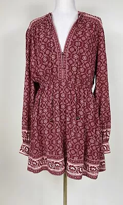 TIGERLILY Red Pink Floral Print Long Sleeve Blouson Boho Mini Dress Size 14 • $69.95