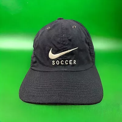 Vintage 90s Nike Soccer Black Nylon Strapback Hat Cap • $19.99