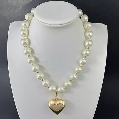 Faux Pearl Choker Necklace Gold Tone Puffy Heart Charm Statement Chunky Runway • $24.99