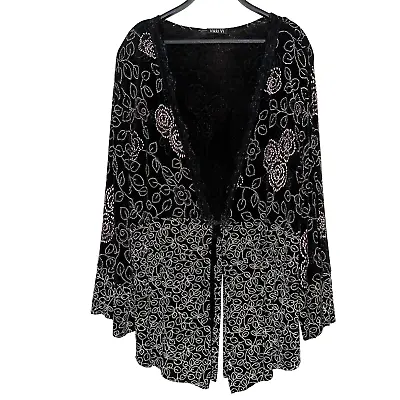 Vikki Vi Plus Size 1X Black Floral Lace Trim Slinky Long Sleeve Topper Jacket • $19.99