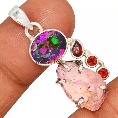 Natural Morganite Rough Garnet & Rainbow Quartz Silver Pendant CP10342 JA9 • $5.50