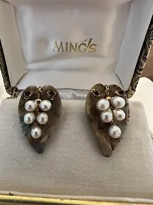 Vintage Ming’s Hawaii Gold Filled Variscite Stone Pearl Grape Leaf Earring W Box • $199
