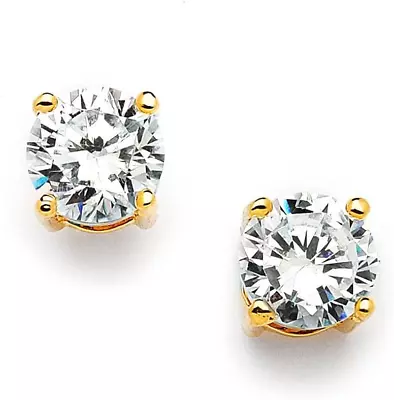 Cubic Zirconia Crystal Gold Stud Earrings 2 Carat Round CZ Solitaire Imitation • $37.71