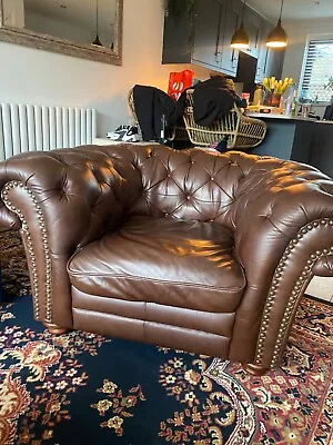 DFS Brown Leather Chesterfield Club Tub Chair - Excellent Condition • £100