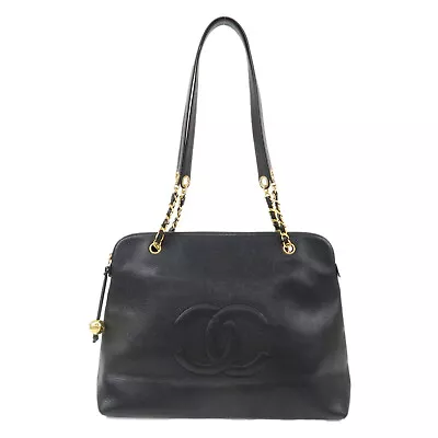 Auth CHANEL Caviar Skin Coco Mark Chain Tote Bag Shoulder Bag Black Used F/S • $3650