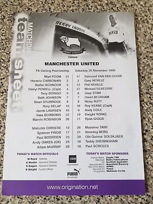 TEAMSHEET PREMIER LEAGUE DERBY COUNTY V MAN UTD 20th Nov 1999 • £1.29