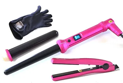 Yogi Mini Straighteners & Twin Barrel Curling Wand Gift Pack Pink FREE Glove • £22.99