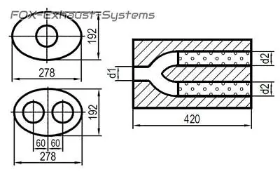 Univers. Silencer Stainless Oval 278x192 Y-Tube L:420mm IN/Out 1x80/2x70mm • $741.57